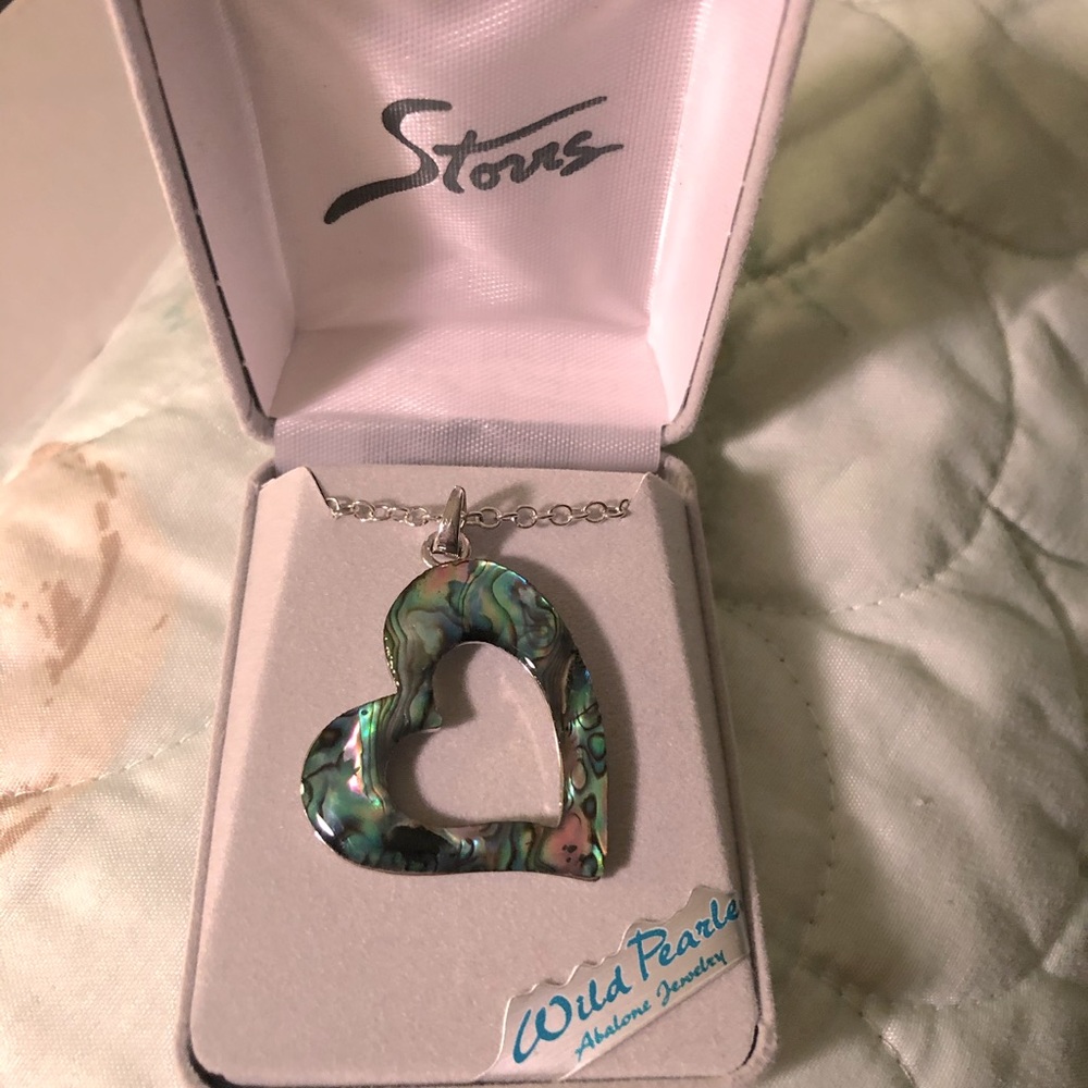 Necklace, abalone heart, silver tone chain
